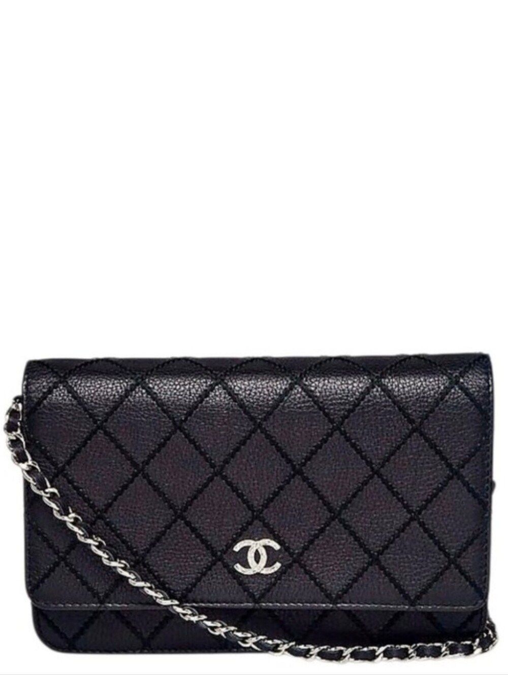 Rare! Authentic CHANEL Black Diamond Whipstitch Stitched Leather CC WOC Bag SHW